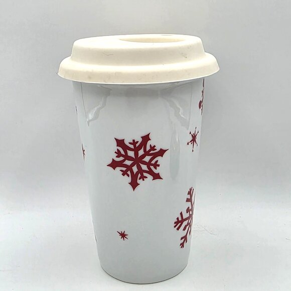 STARBUCKS 2010 Collectible Red Snowflakes Holiday Travel Tumbler Mug Rubber Lid - Picture 5 of 10